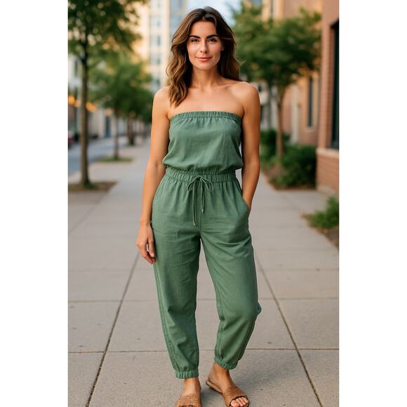 YFB "Reeve" Green Strapless Jogger Style Jumpsuit with Fringe Details size M - Picture 1 of 9